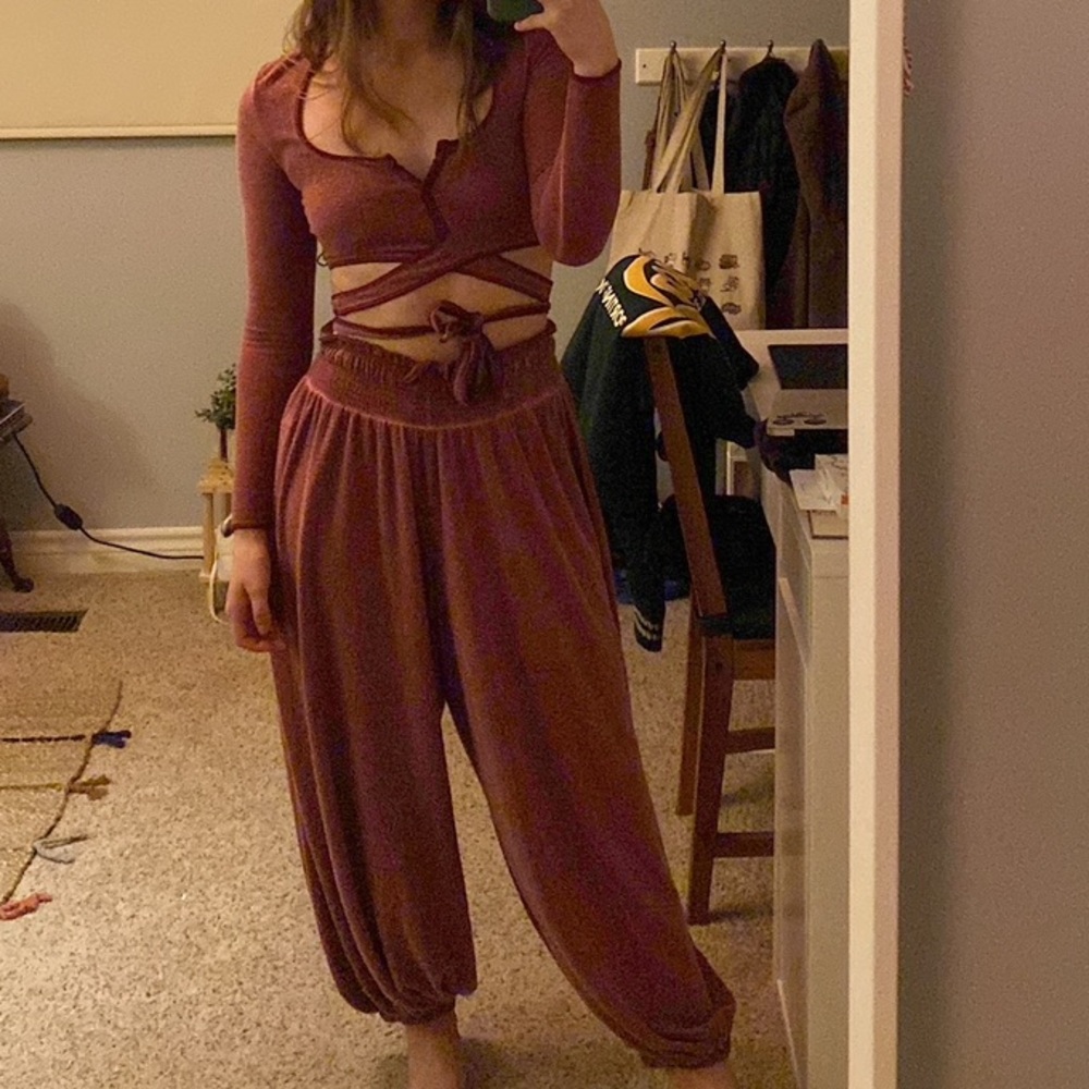 Urban Outfitters two piece cropped tie up lounge set in Burgundy. Out from Under